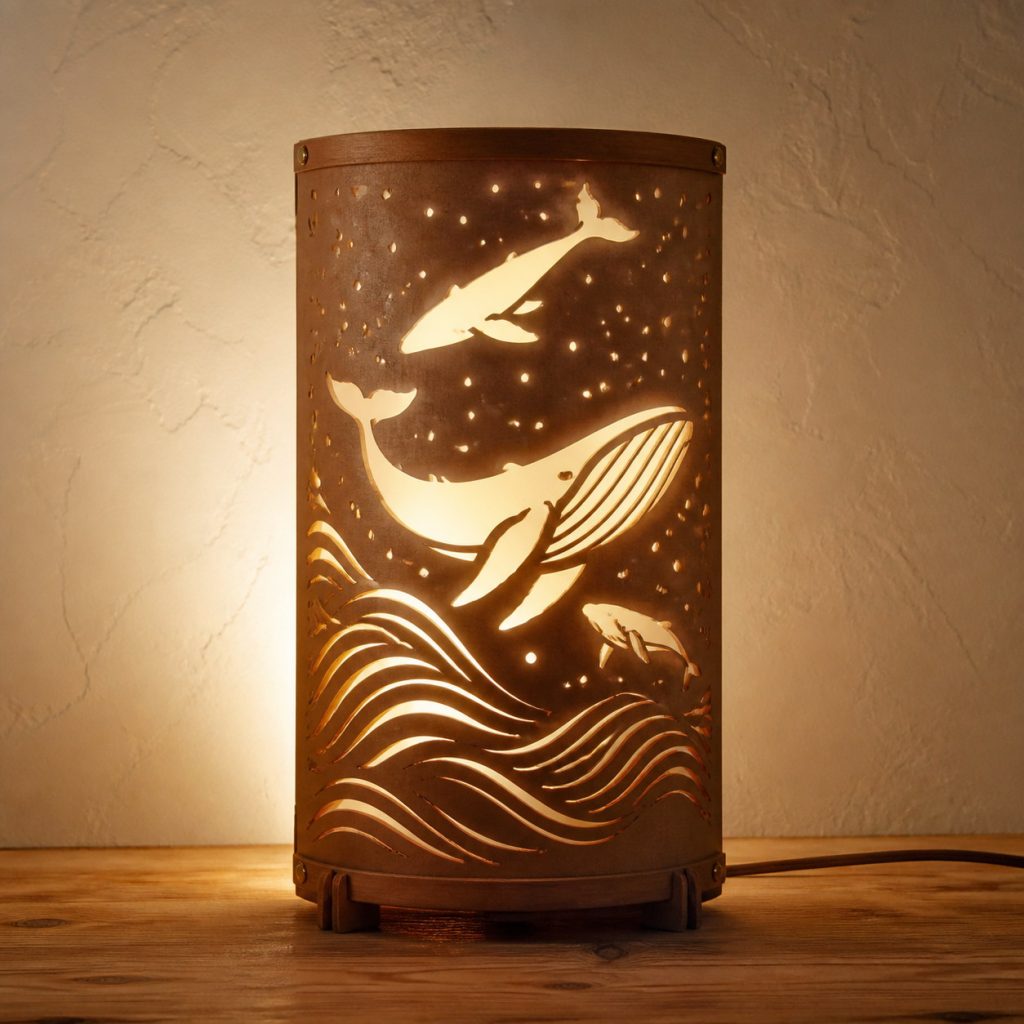Ocean Whale Lantern shown as an original square photorealistic wooden whale lamp with authentic wood grain, recognizable animal form, and warm diffused light
