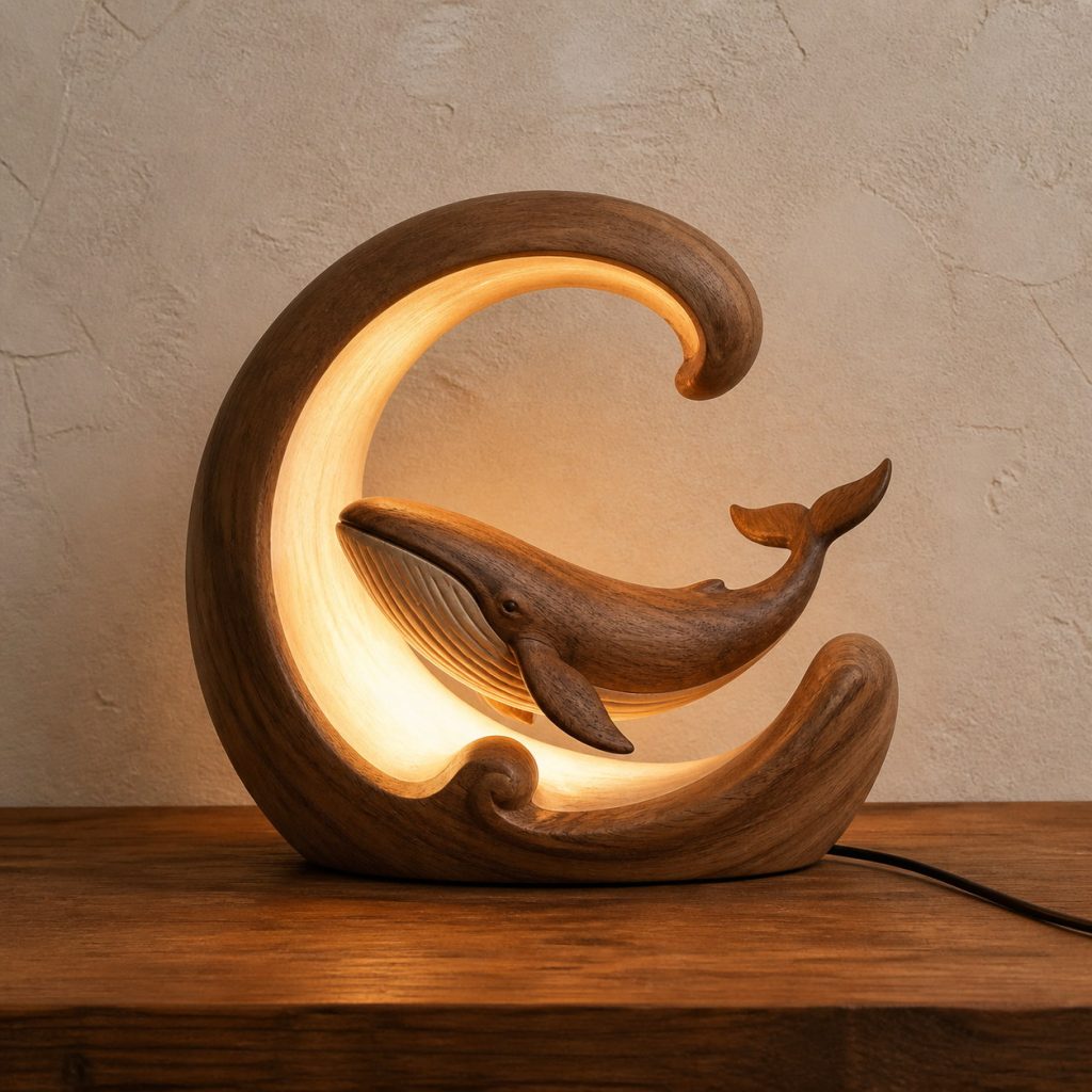 Whale-and-Wave Crescent Lamp shown as an original square photorealistic wooden whale lamp with authentic wood grain, recognizable animal form, and warm diffused light