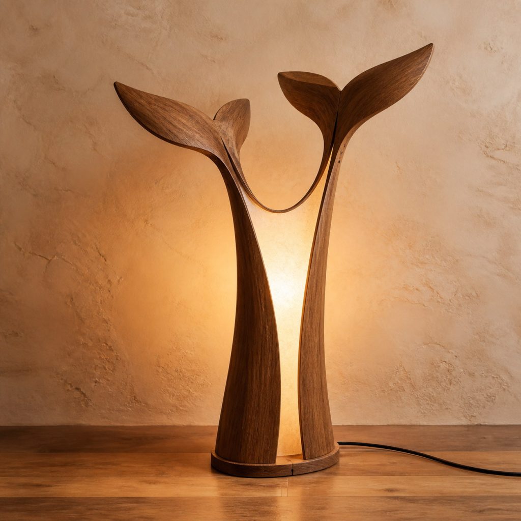 Twin-Fluke Whale Floor Lamp shown as an original square photorealistic wooden whale lamp with authentic wood grain, recognizable animal form, and warm diffused light