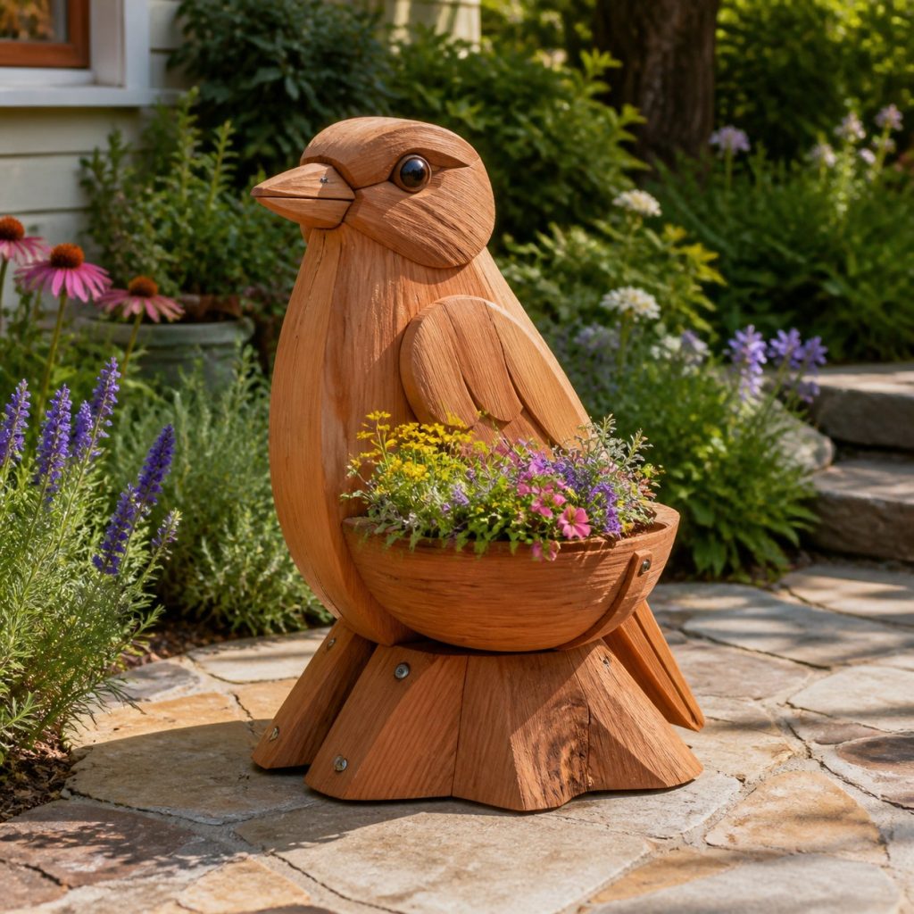 Classic Stump-Base Cedar Woodpecker shown as a square photorealistic cedar woodpecker-shaped garden planter filled with flowers