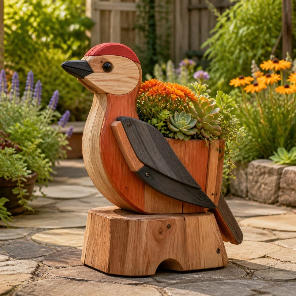 Compact Succulent Woodpecker shown as a square photorealistic cedar woodpecker-shaped garden planter filled with flowers