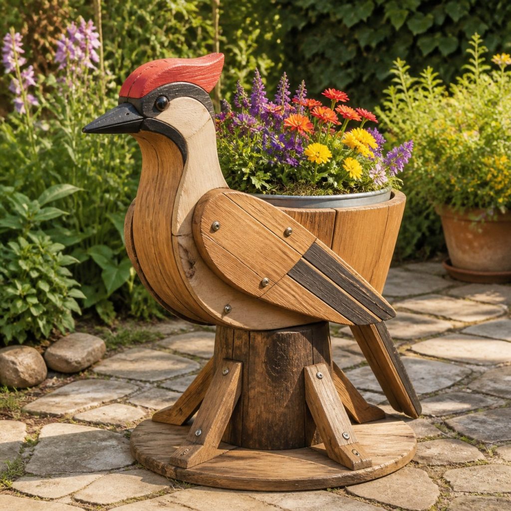 Woodpecker with Galvanized Liner shown as a square photorealistic cedar woodpecker-shaped garden planter filled with flowers