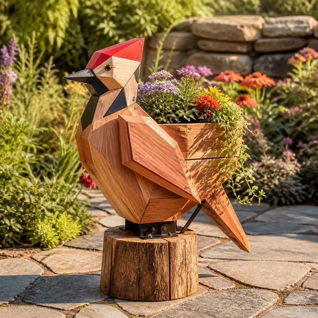 Modern Geometric Woodpecker shown as a square photorealistic cedar woodpecker-shaped garden planter filled with flowers