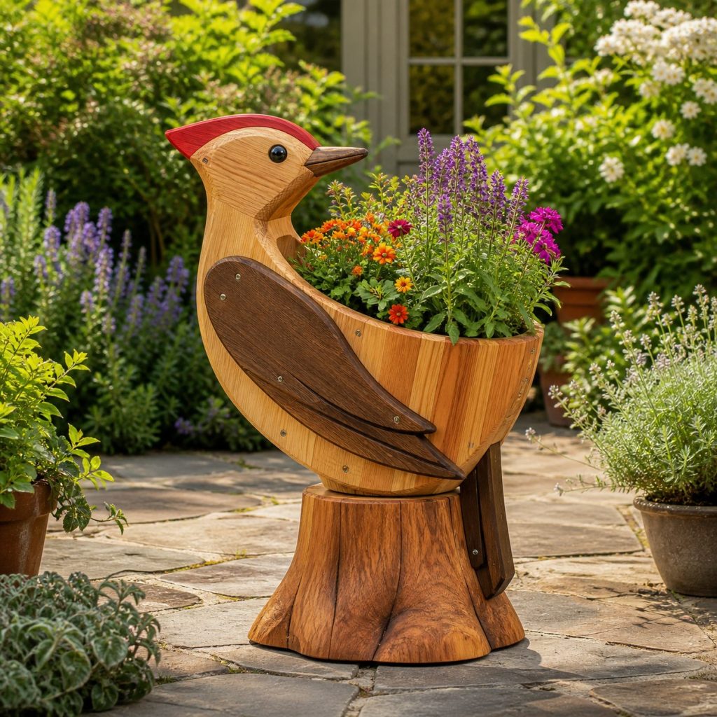 Two-Tone Cedar Woodpecker shown as a square photorealistic cedar woodpecker-shaped garden planter filled with flowers