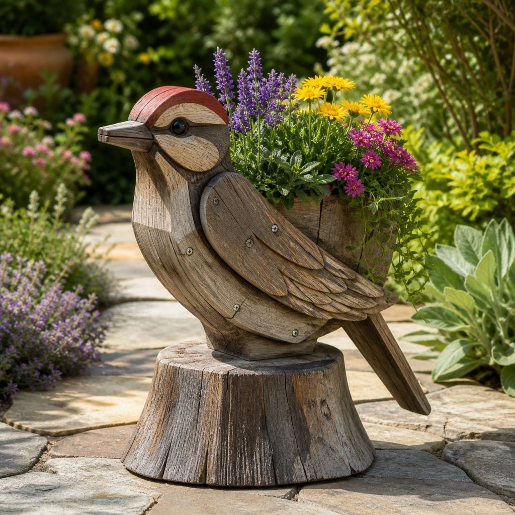 Weathered Cottage Woodpecker shown as a square photorealistic cedar woodpecker-shaped garden planter filled with flowers