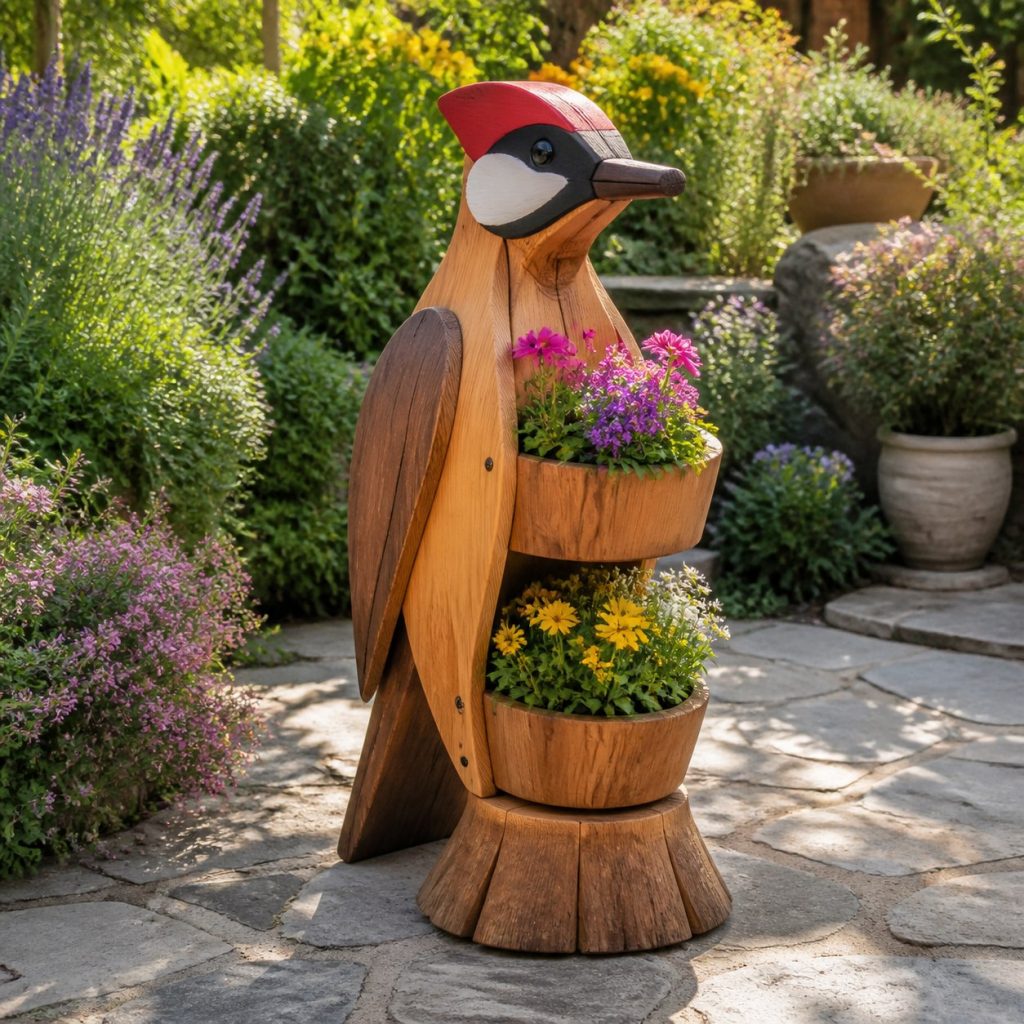 Woodpecker with Twin Flower Pots shown as a square photorealistic cedar woodpecker-shaped garden planter filled with flowers