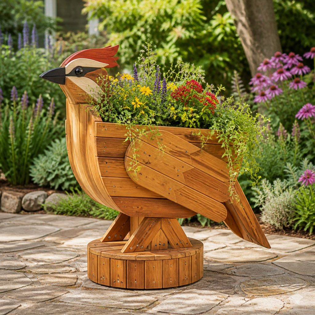Trailing-Flower Woodpecker shown as a square photorealistic cedar woodpecker-shaped garden planter filled with flowers