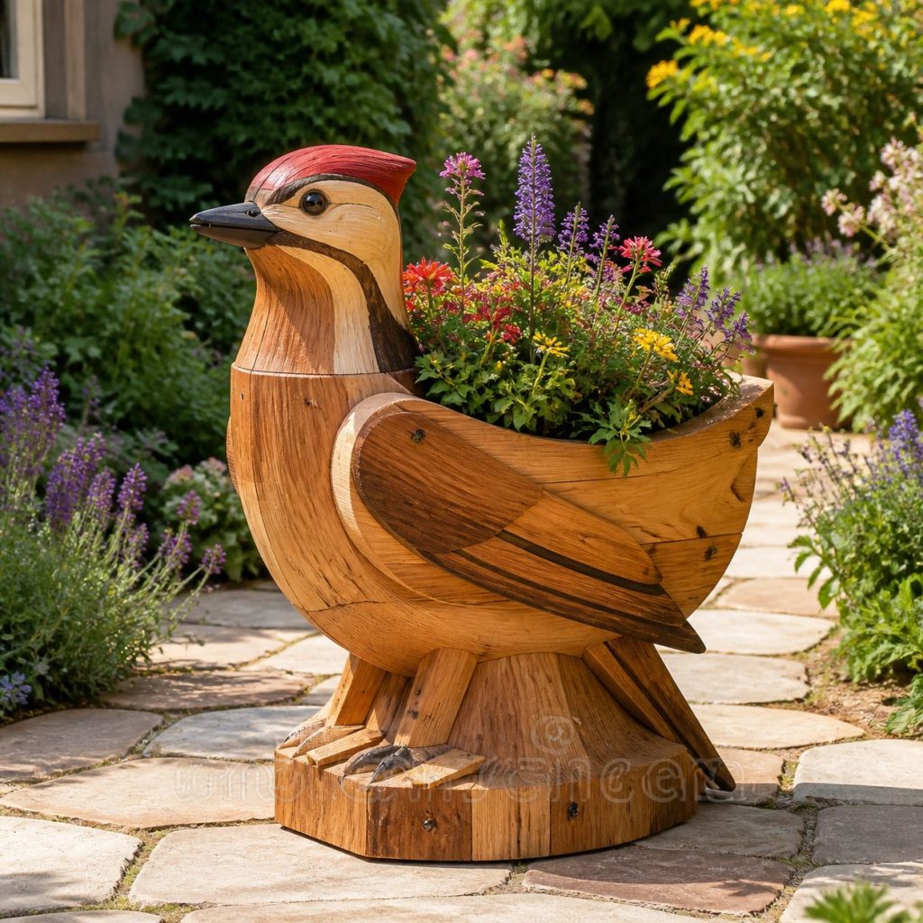 Large Grass-Filled Woodpecker shown as a square photorealistic cedar woodpecker-shaped garden planter filled with flowers