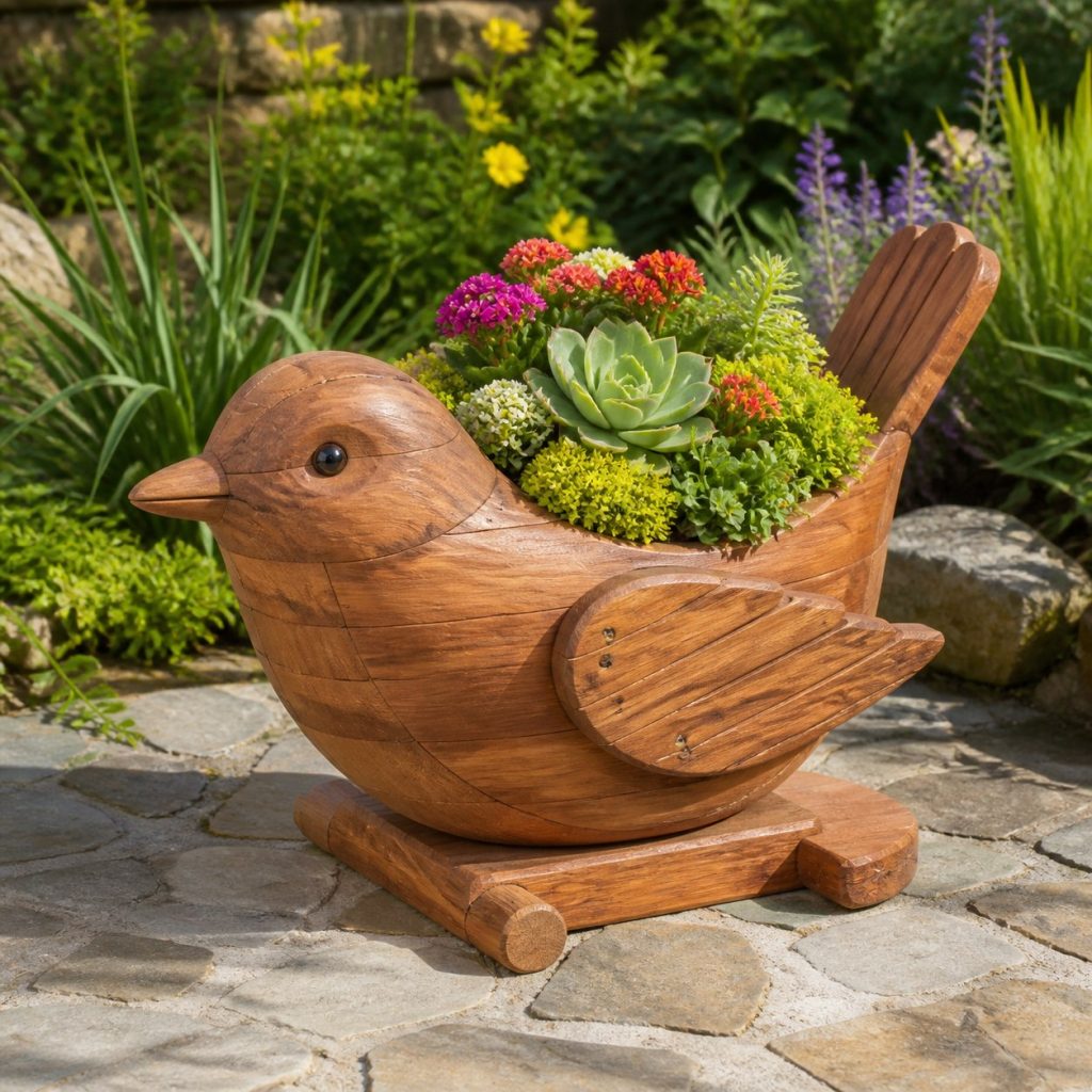 Compact Succulent Wren shown as a square photorealistic cedar wren-shaped garden planter filled with flowers