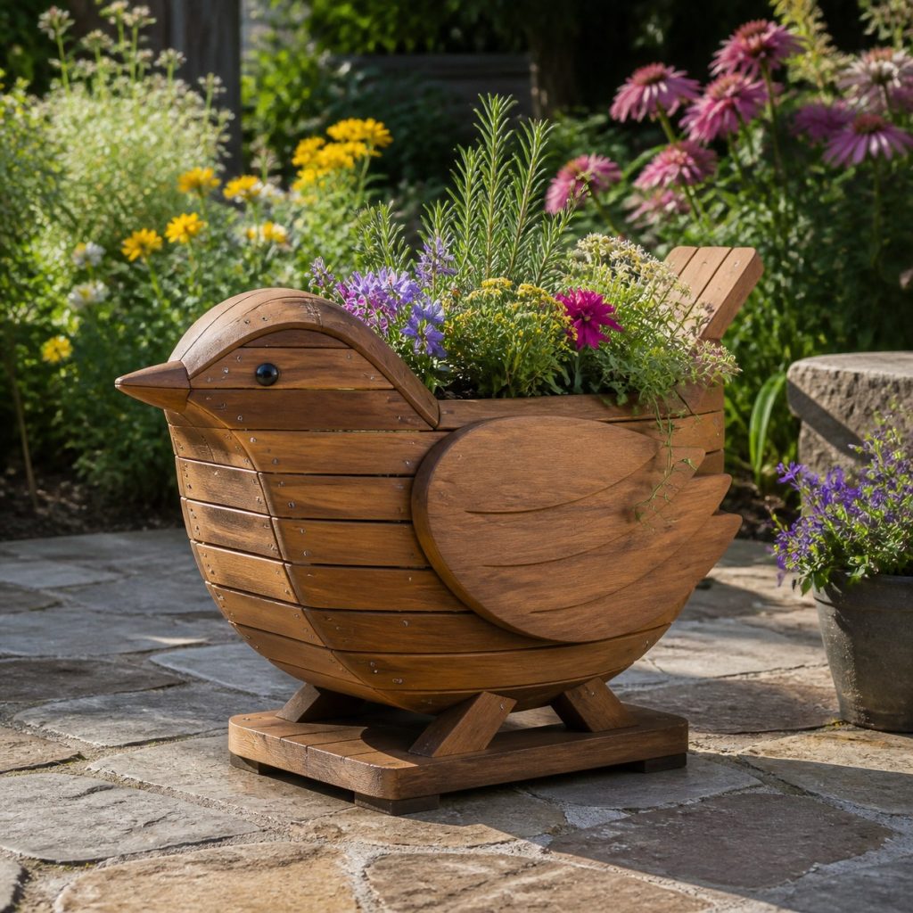 Slatted Herb-Trough Wren shown as a square photorealistic cedar wren-shaped garden planter filled with flowers