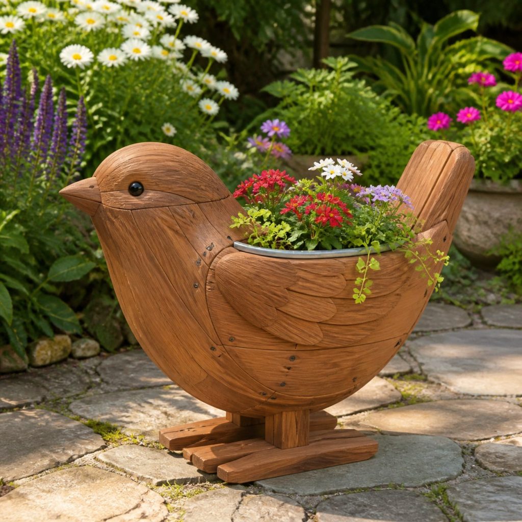 Wren with Galvanized Liner shown as a square photorealistic cedar wren-shaped garden planter filled with flowers