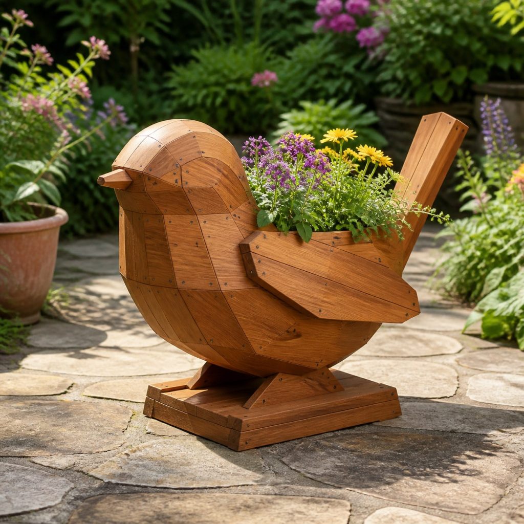 Modern Geometric Wren shown as a square photorealistic cedar wren-shaped garden planter filled with flowers