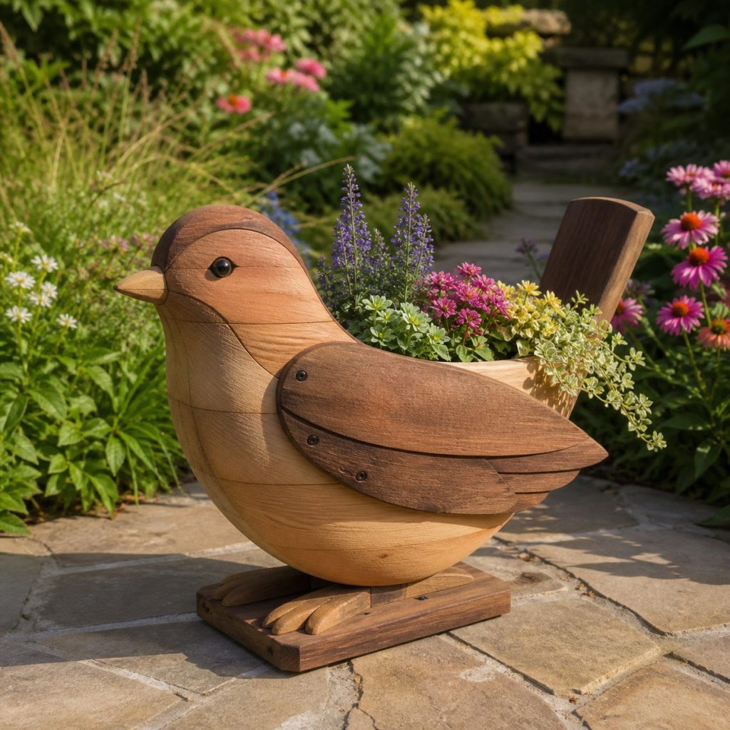 Two-Tone Cedar Wren shown as a square photorealistic cedar wren-shaped garden planter filled with flowers
