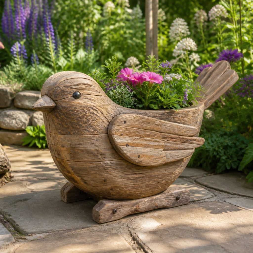 Weathered Cottage Wren shown as a square photorealistic cedar wren-shaped garden planter filled with flowers