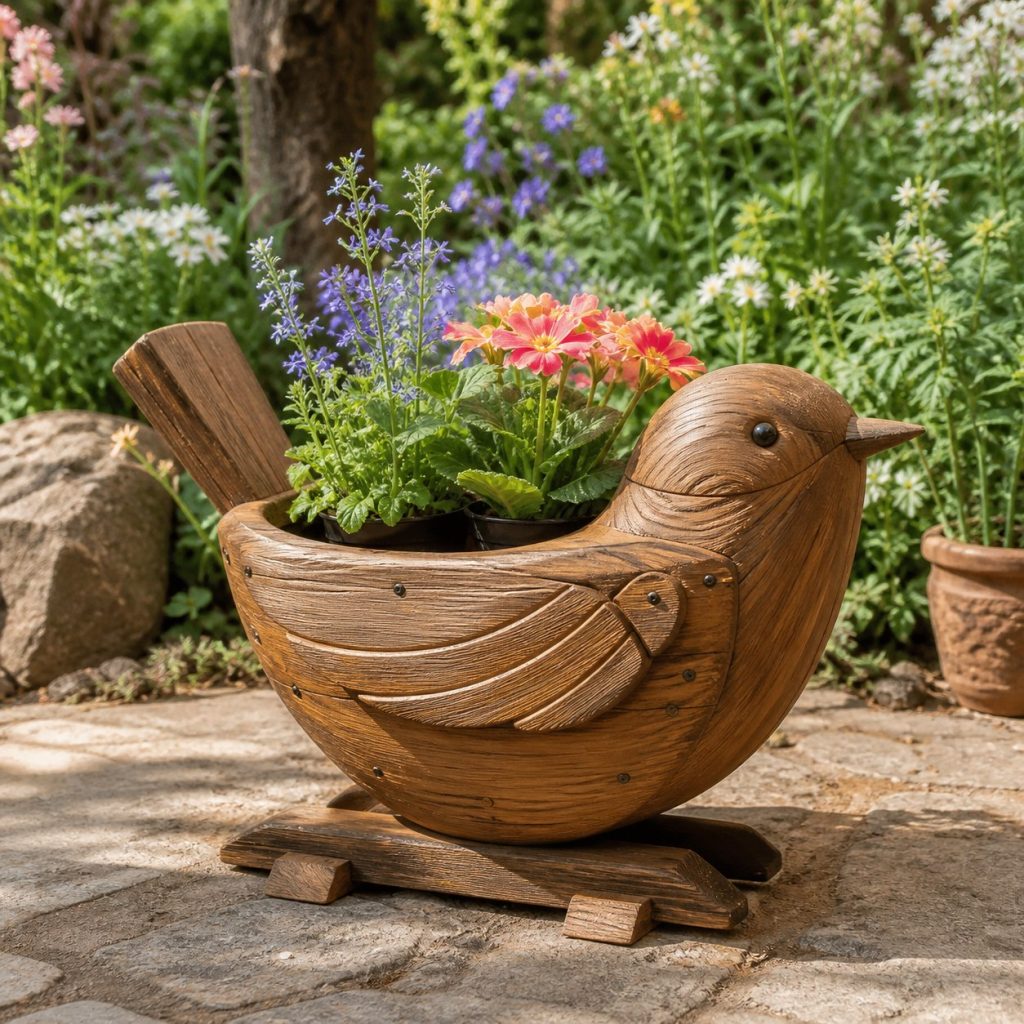 Wren with Twin Flower Pots shown as a square photorealistic cedar wren-shaped garden planter filled with flowers