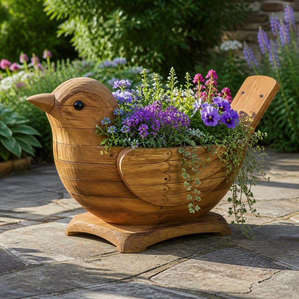 Trailing-Flower Wren shown as a square photorealistic cedar wren-shaped garden planter filled with flowers