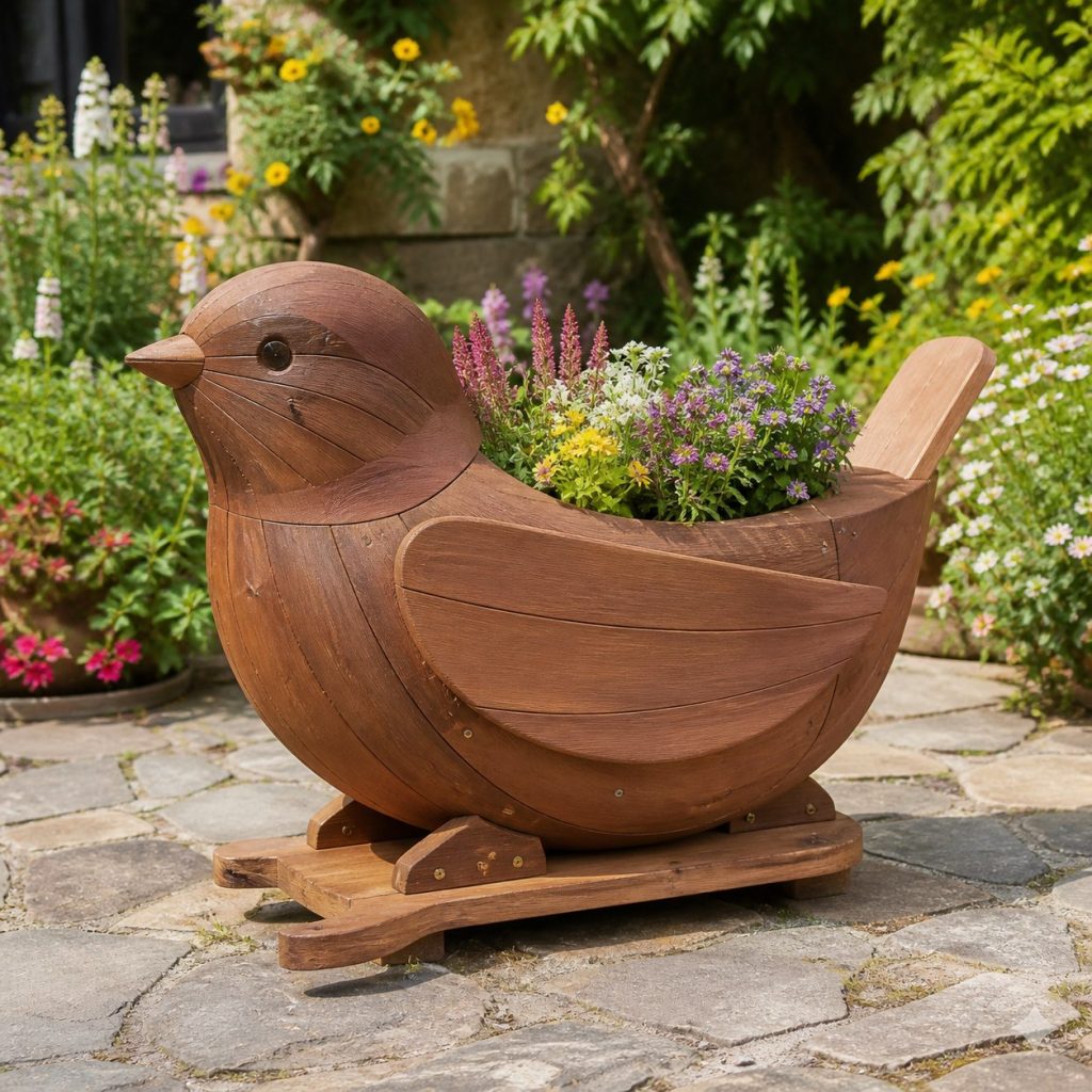 Large Grass-Filled Wren shown as a square photorealistic cedar wren-shaped garden planter filled with flowers