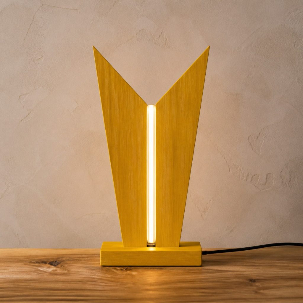 Yellowheart Split-Ray Lamp shown as an original square photorealistic yellowheart wood lamp with natural lemon yellow to golden yellow grain, distinctive construction, and warm diffused light