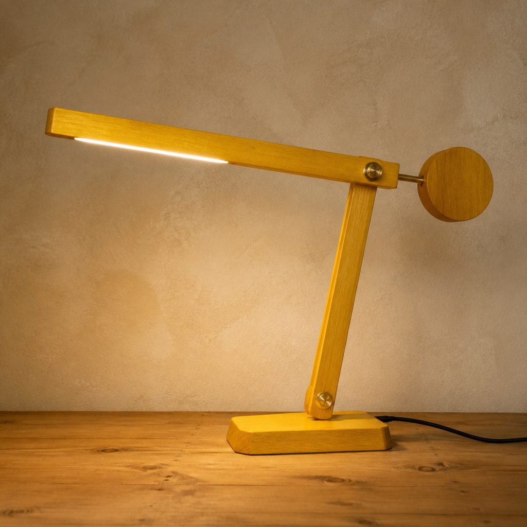Yellowheart Counterweight-Beam Lamp shown as an original square photorealistic yellowheart wood lamp with natural lemon yellow to golden yellow grain, distinctive construction, and warm diffused light