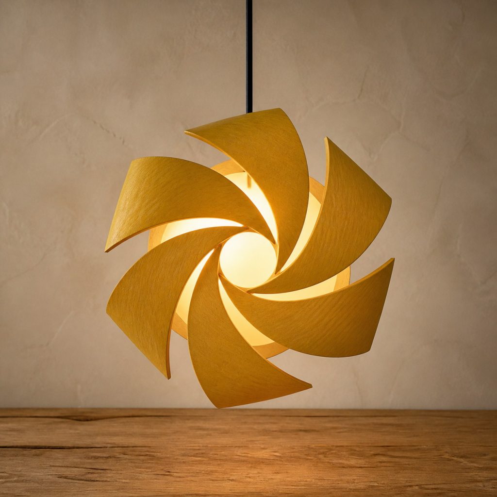 Yellowheart Pinwheel Pendant shown as an original square photorealistic yellowheart wood lamp with natural lemon yellow to golden yellow grain, distinctive construction, and warm diffused light
