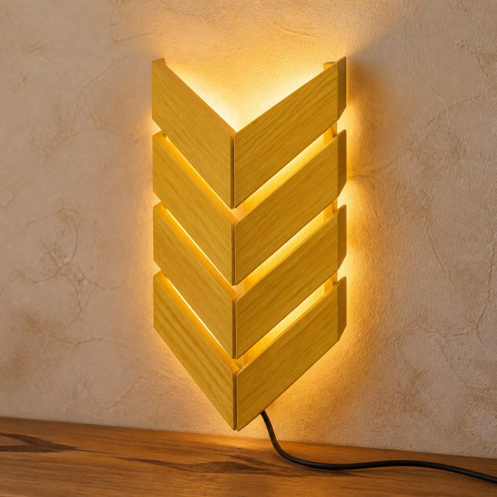 Yellowheart Chevron Sconce shown as an original square photorealistic yellowheart wood lamp with natural lemon yellow to golden yellow grain, distinctive construction, and warm diffused light
