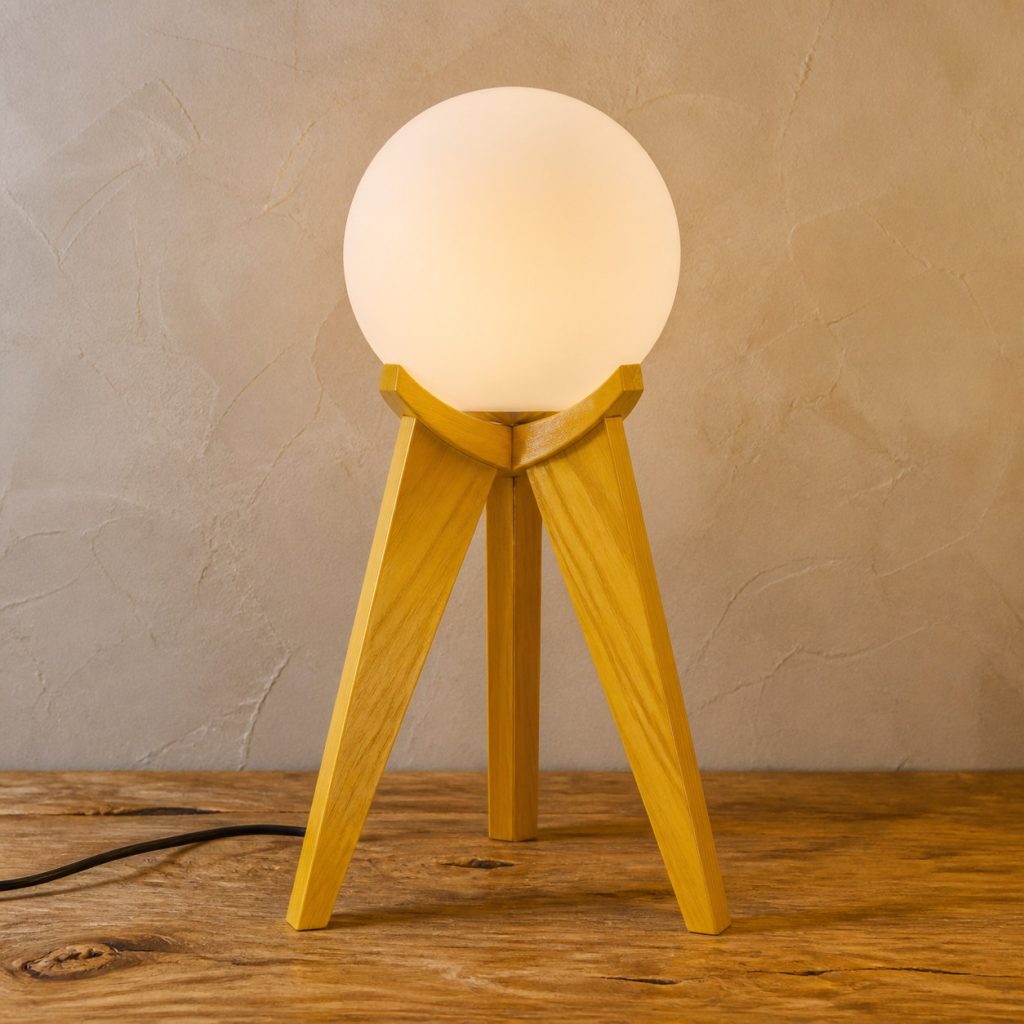 Yellowheart Tripod-Globe Lamp shown as an original square photorealistic yellowheart wood lamp with natural lemon yellow to golden yellow grain, distinctive construction, and warm diffused light