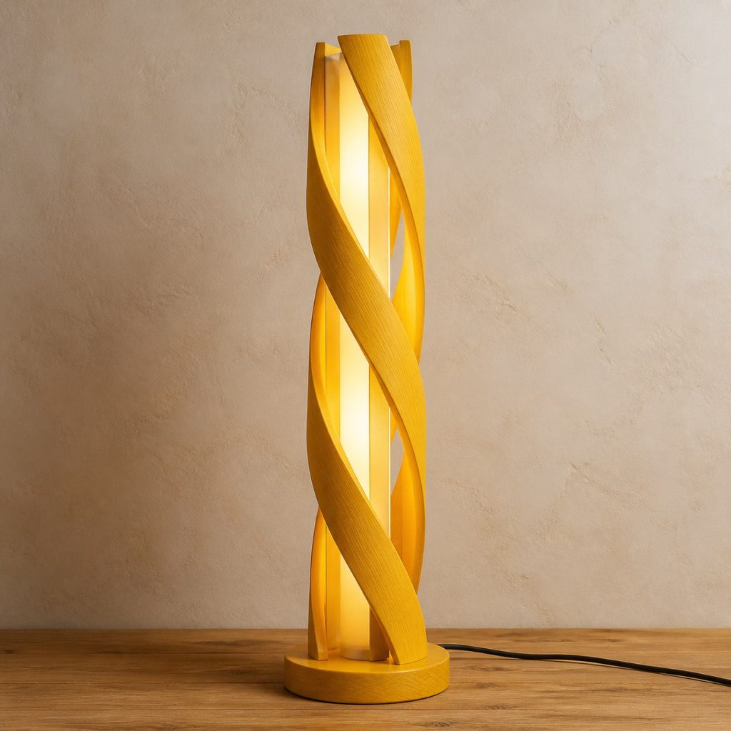 Yellowheart Twisted-Vane Floor Lamp shown as an original square photorealistic yellowheart wood lamp with natural lemon yellow to golden yellow grain, distinctive construction, and warm diffused light
