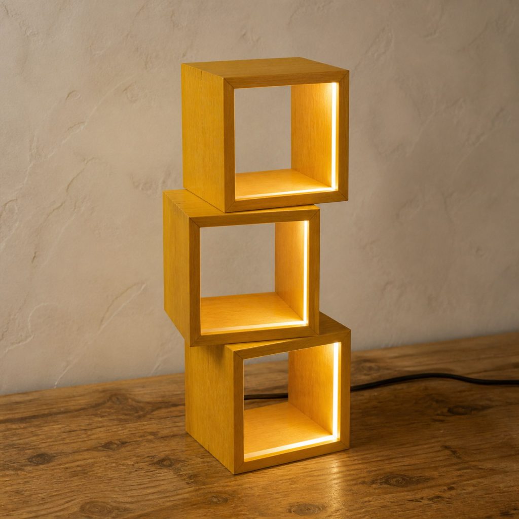 Yellowheart Stacked-Cubes Lamp shown as an original square photorealistic yellowheart wood lamp with natural lemon yellow to golden yellow grain, distinctive construction, and warm diffused light