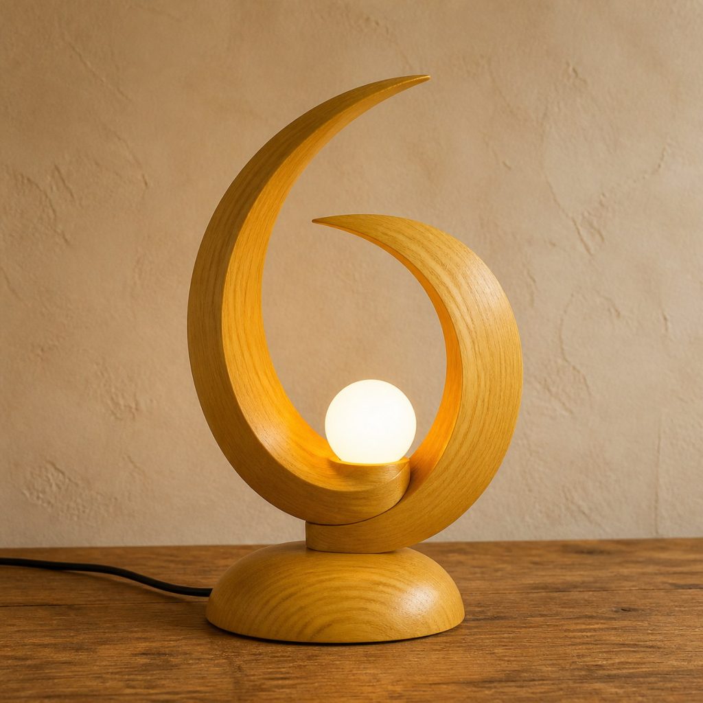 Yellowheart Double-Crescent Lamp shown as an original square photorealistic yellowheart wood lamp with natural lemon yellow to golden yellow grain, distinctive construction, and warm diffused light