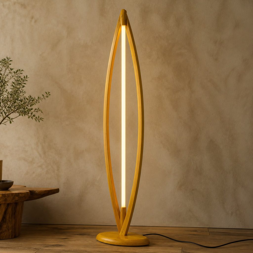 Yellowheart Tall-Bow Floor Lamp shown as an original square photorealistic yellowheart wood lamp with natural lemon yellow to golden yellow grain, distinctive construction, and warm diffused light