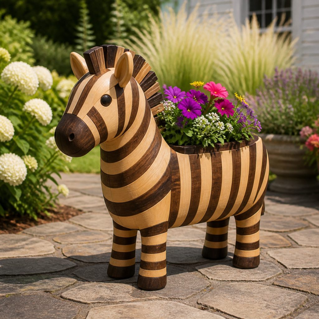 Compact Zebra Foal Planter shown as a square photorealistic cedar garden planter filled with cottage flowers