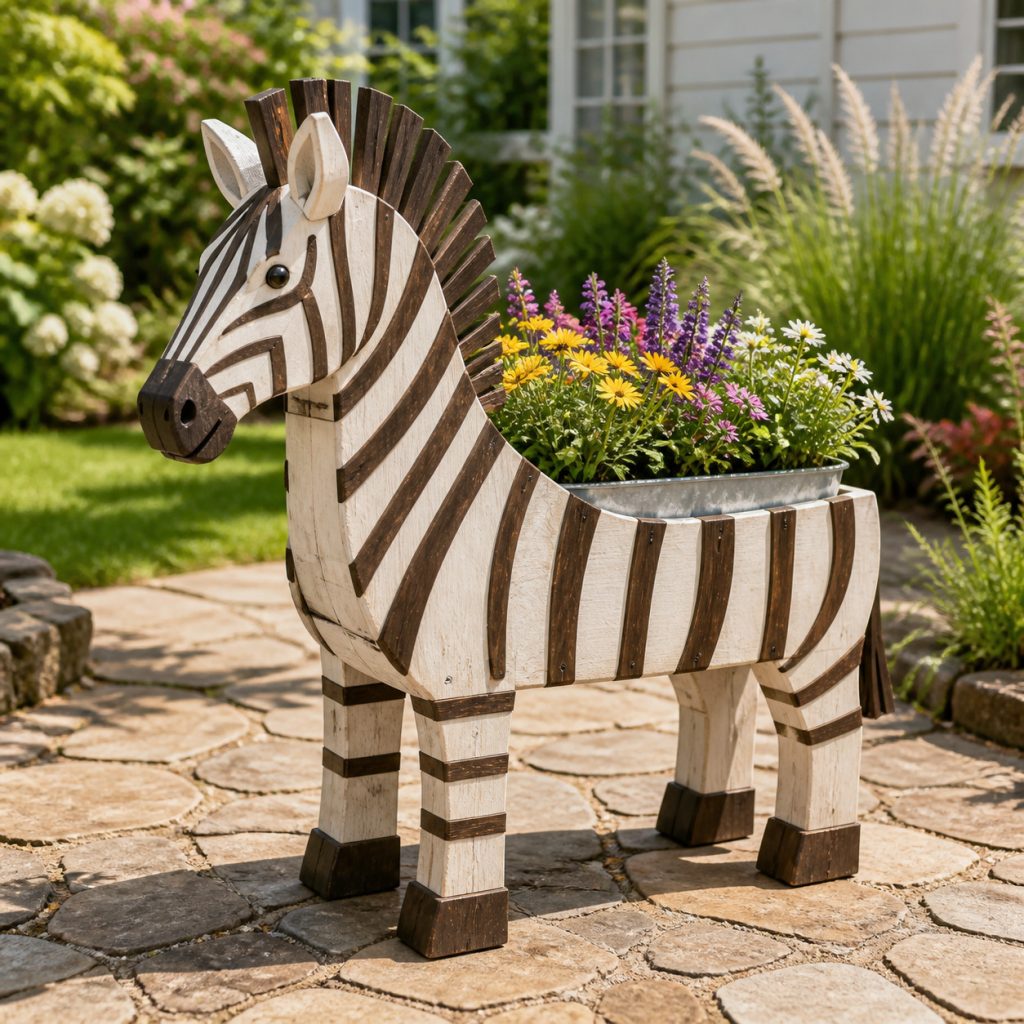 Whitewashed Garden Zebra shown as a square photorealistic cedar garden planter filled with cottage flowers