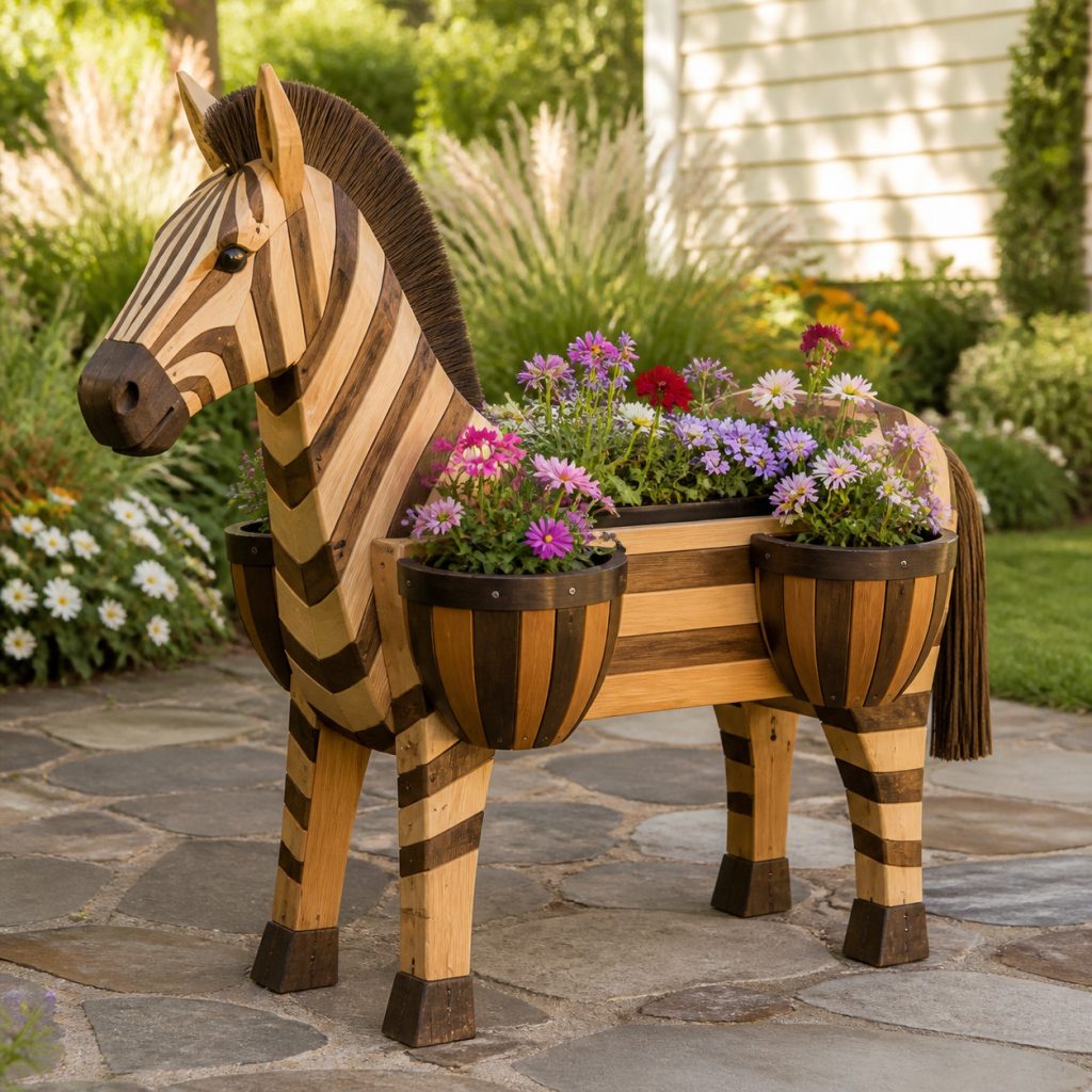 Zebra with Saddle Flower Pots shown as a square photorealistic cedar garden planter filled with cottage flowers