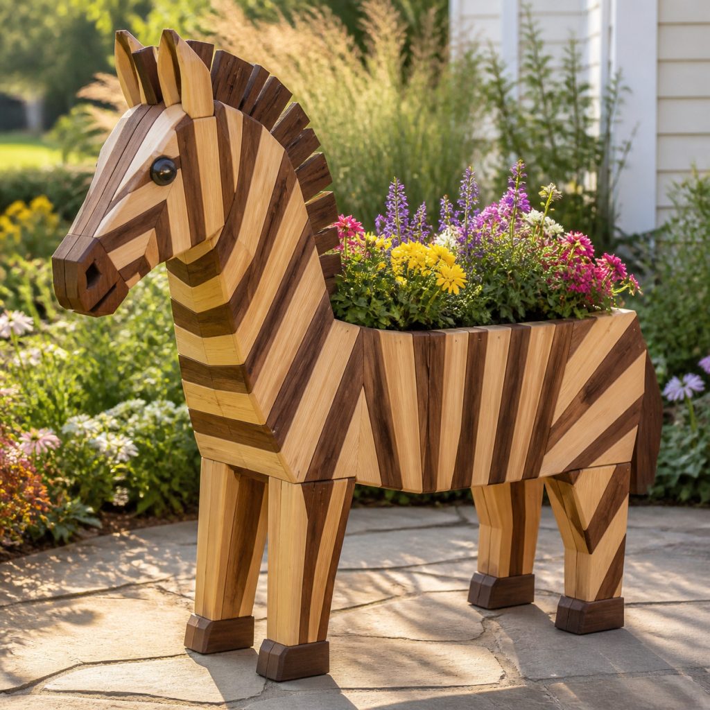 Modern Geometric Zebra shown as a square photorealistic cedar garden planter filled with cottage flowers