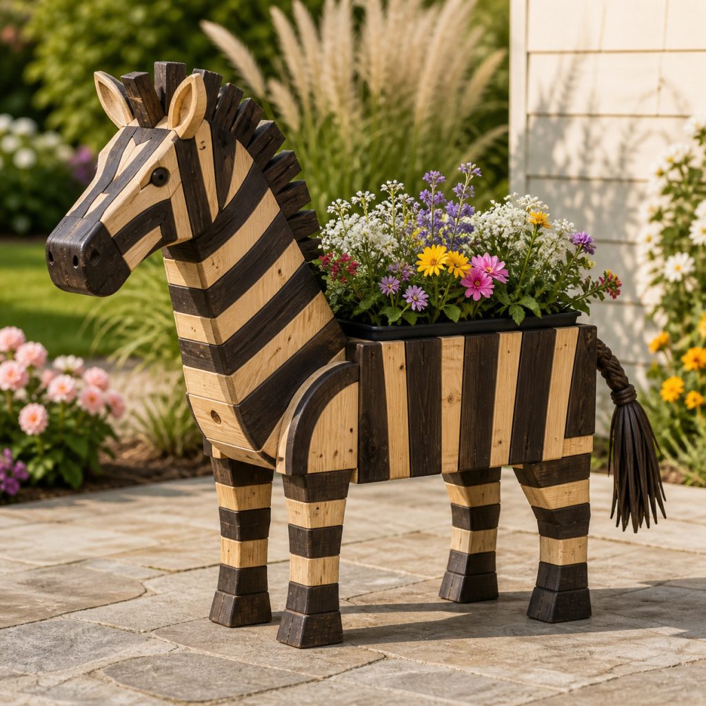 Bold Two-Tone Zebra shown as a square photorealistic cedar garden planter filled with cottage flowers