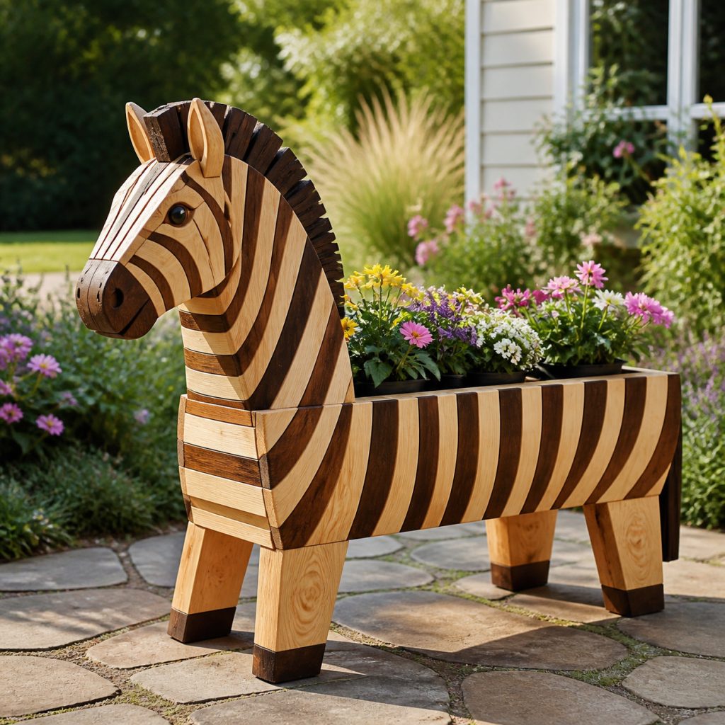 Low Broad-Stance Zebra shown as a square photorealistic cedar garden planter filled with cottage flowers