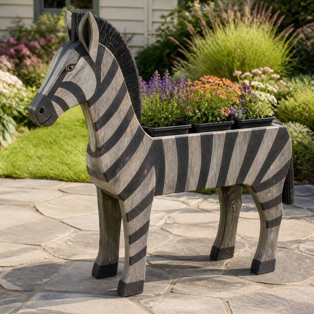 Weathered Cottage Zebra shown as a square photorealistic cedar garden planter filled with cottage flowers