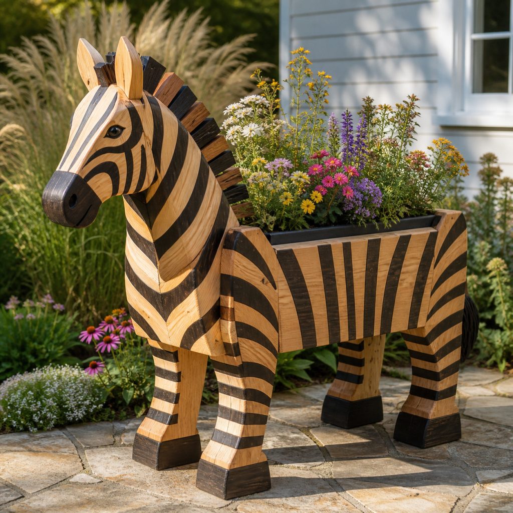 Chunky Timber Zebra shown as a square photorealistic cedar garden planter filled with cottage flowers