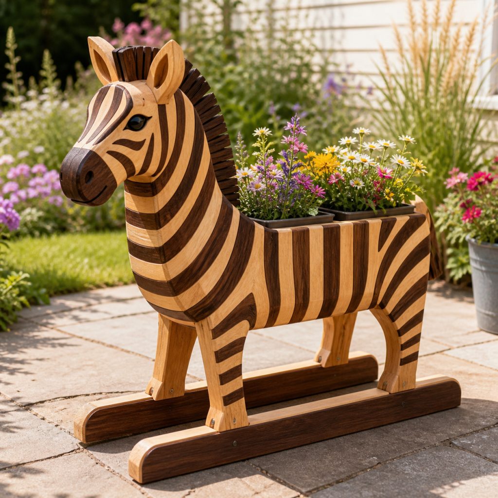 Young Zebra on Base Rails shown as a square photorealistic cedar garden planter filled with cottage flowers