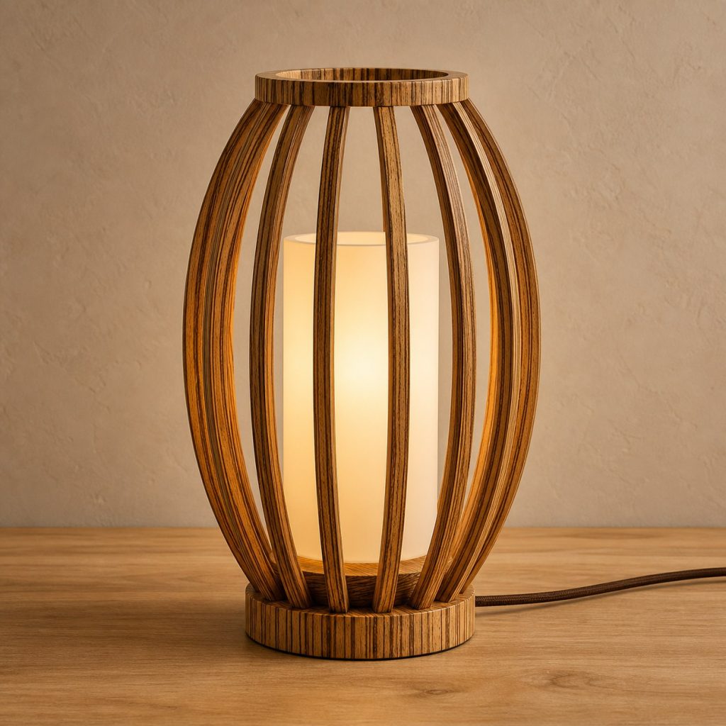 Zebrawood Elliptical-Cage Lamp shown as an original square photorealistic zebrawood lamp with natural golden tan and dark brown striped grain, distinctive construction, and warm diffused light
