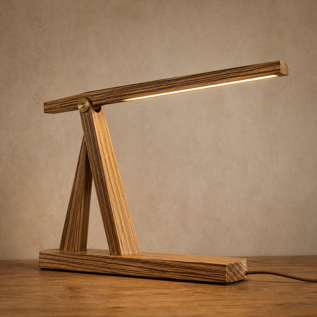 Zebrawood Tension-Cantilever Lamp shown as an original square photorealistic zebrawood lamp with natural golden tan and dark brown striped grain, distinctive construction, and warm diffused light