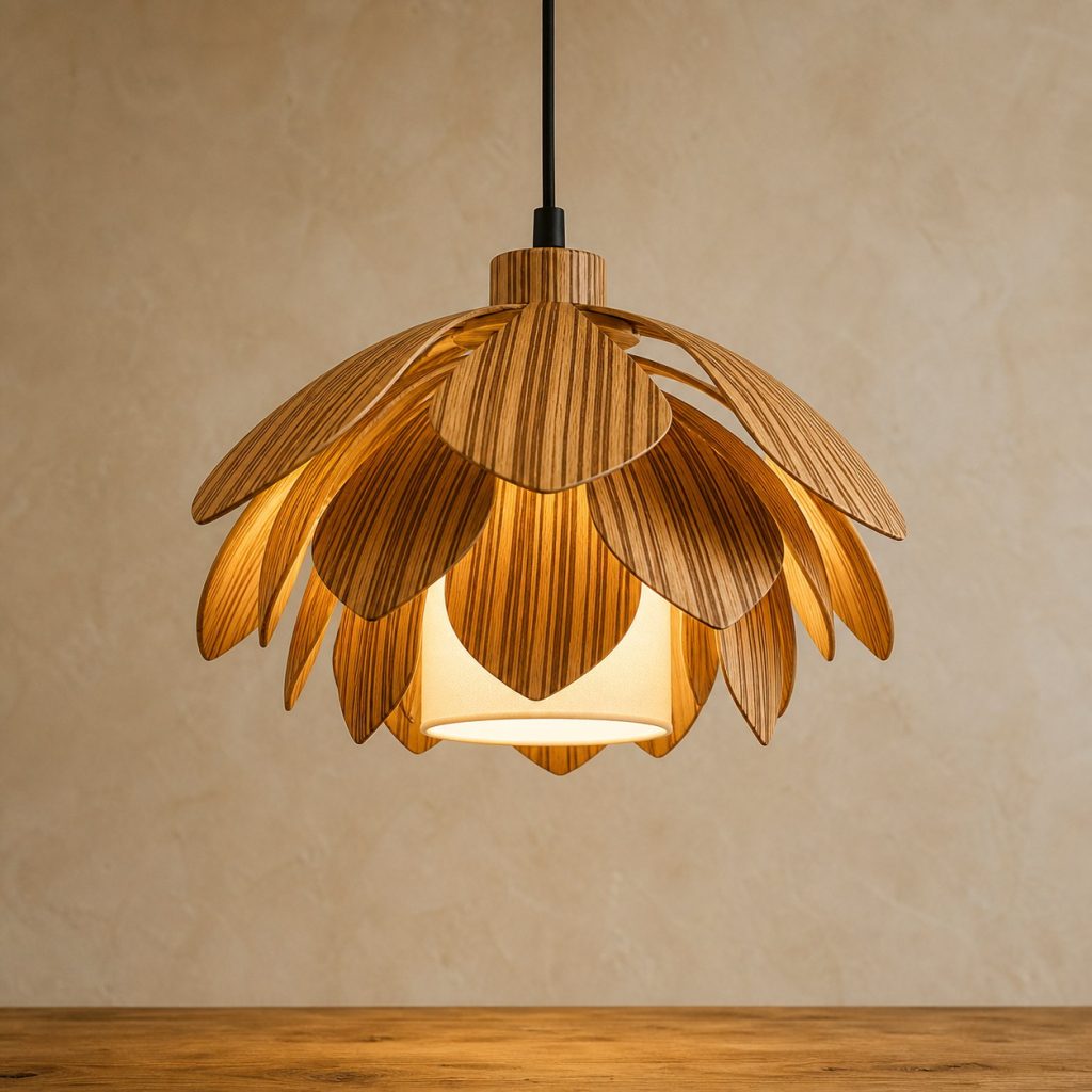 Zebrawood Layered-Petal Pendant shown as an original square photorealistic zebrawood lamp with natural golden tan and dark brown striped grain, distinctive construction, and warm diffused light