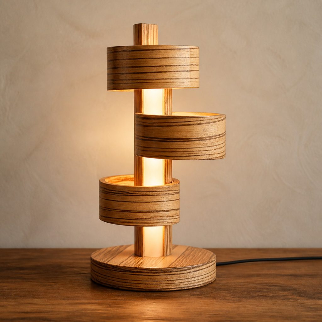 Zebrawood Offset-Ring Lamp shown as an original square photorealistic zebrawood lamp with natural golden tan and dark brown striped grain, distinctive construction, and warm diffused light