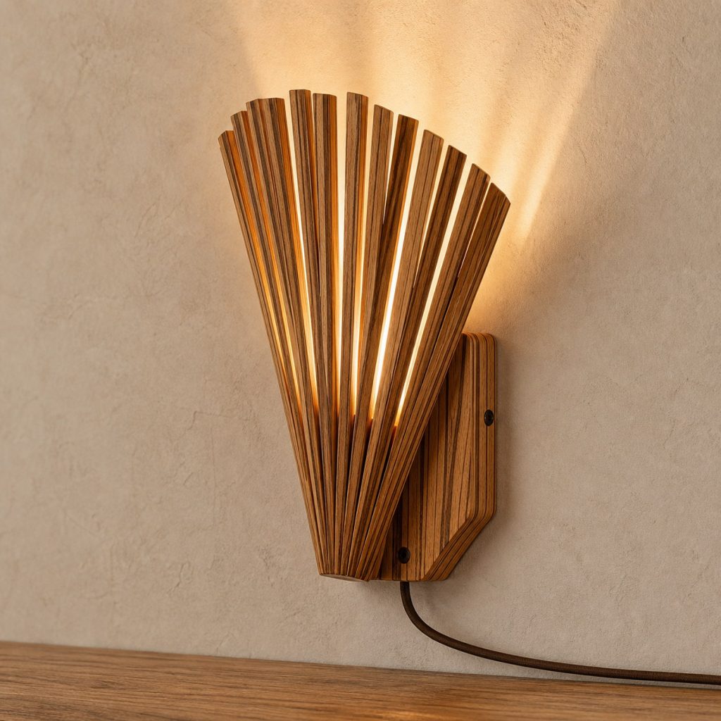 Zebrawood Fan-Louver Sconce shown as an original square photorealistic zebrawood lamp with natural golden tan and dark brown striped grain, distinctive construction, and warm diffused light