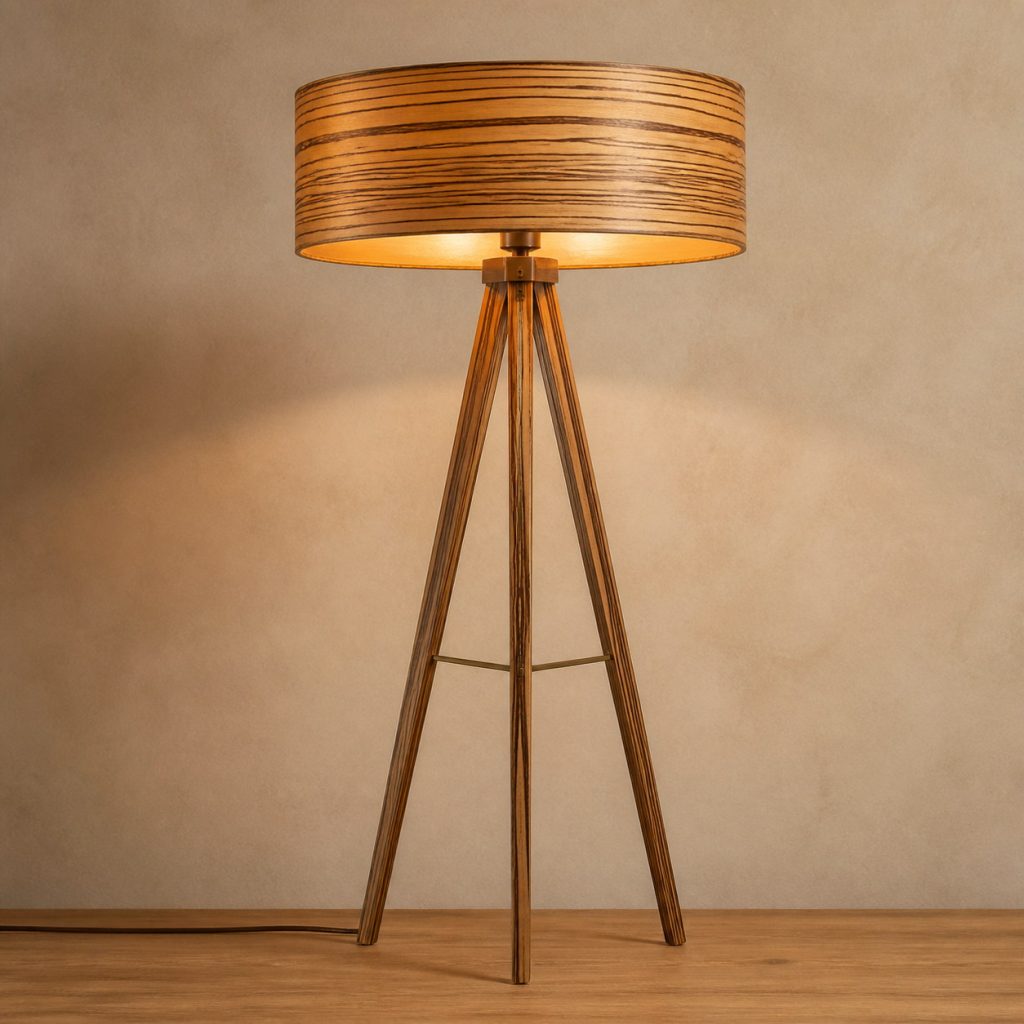 Zebrawood Tripod Floor Lamp shown as an original square photorealistic zebrawood lamp with natural golden tan and dark brown striped grain, distinctive construction, and warm diffused light