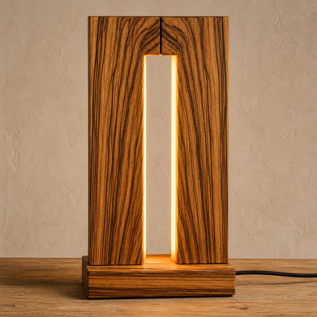 Zebrawood Bookmatched-Portal Lamp shown as an original square photorealistic zebrawood lamp with natural golden tan and dark brown striped grain, distinctive construction, and warm diffused light