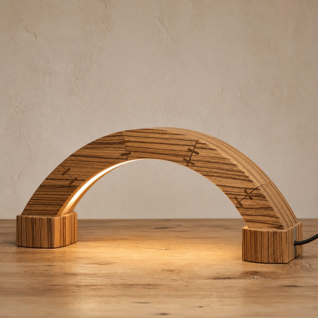 Zebrawood Arched-Bridge Lamp shown as an original square photorealistic zebrawood lamp with natural golden tan and dark brown striped grain, distinctive construction, and warm diffused light