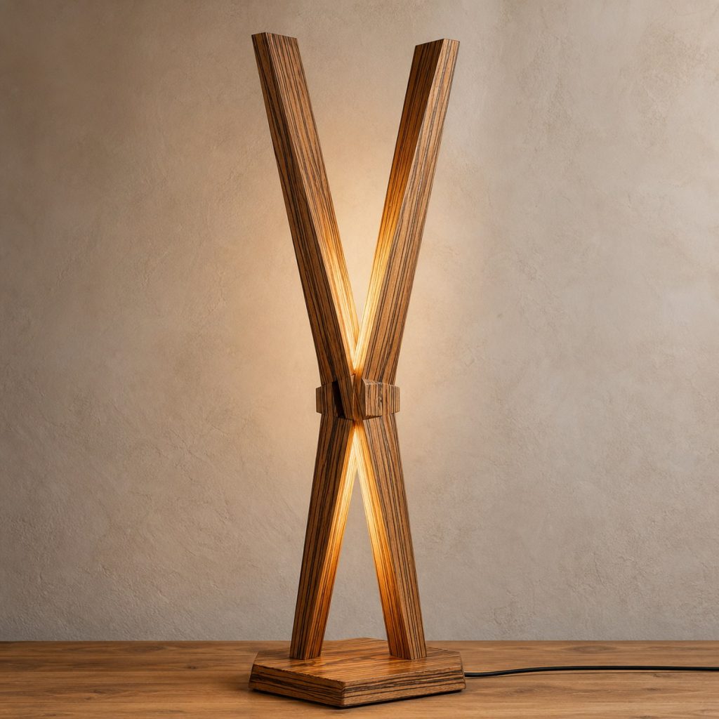 Zebrawood Crossed-Blade Lamp shown as an original square photorealistic zebrawood lamp with natural golden tan and dark brown striped grain, distinctive construction, and warm diffused light