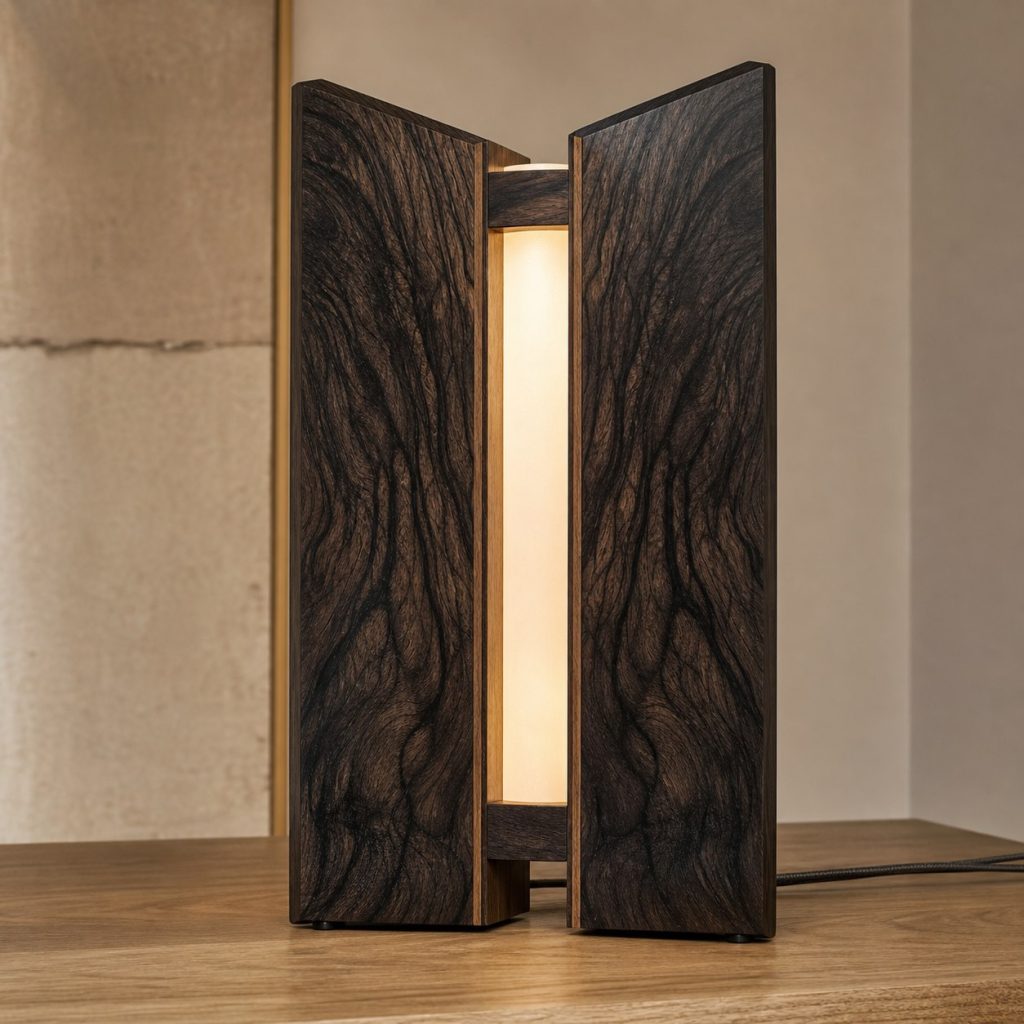 Ziricote Bookmatched Butterfly Lamp shown as an original square photorealistic ziricote wood lamp with natural charcoal-black spiderweb grain, distinctive construction, and warm diffused light