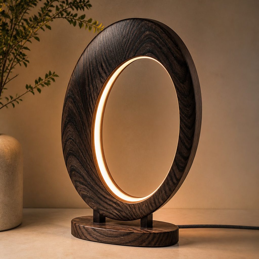 Ziricote Elliptical Portal Lamp shown as an original square photorealistic ziricote wood lamp with natural charcoal-black spiderweb grain, distinctive construction, and warm diffused light